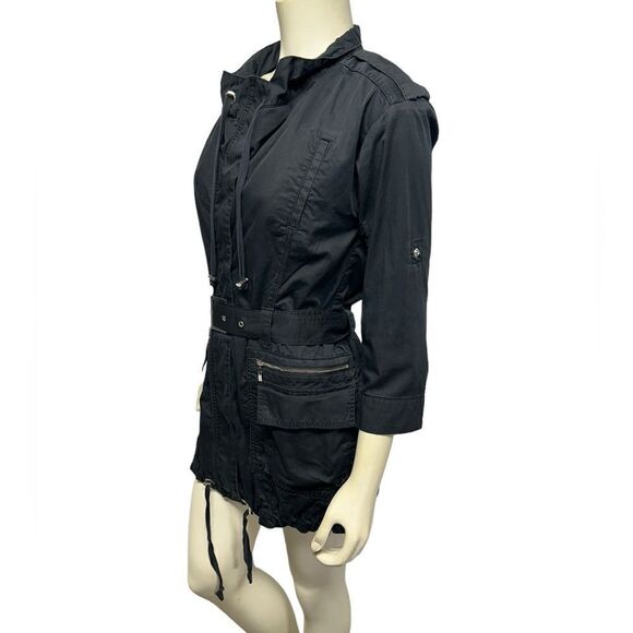 Calvin Klein Black coat long army trench coat Jacket with belt many pockets fall - Picture 3 of 9